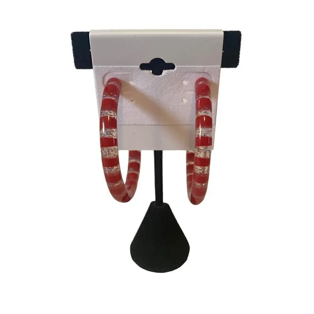 Darbie Angell Red Striped Sparkly & Clear Resin Hoops.
